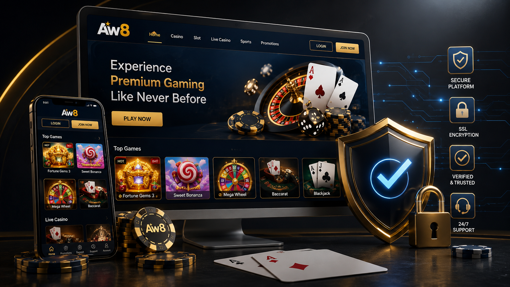 AW8 online casino displayed on desktop and smartphone with secure platform, SSL encryption, verification shield, casino games, and digital security elements