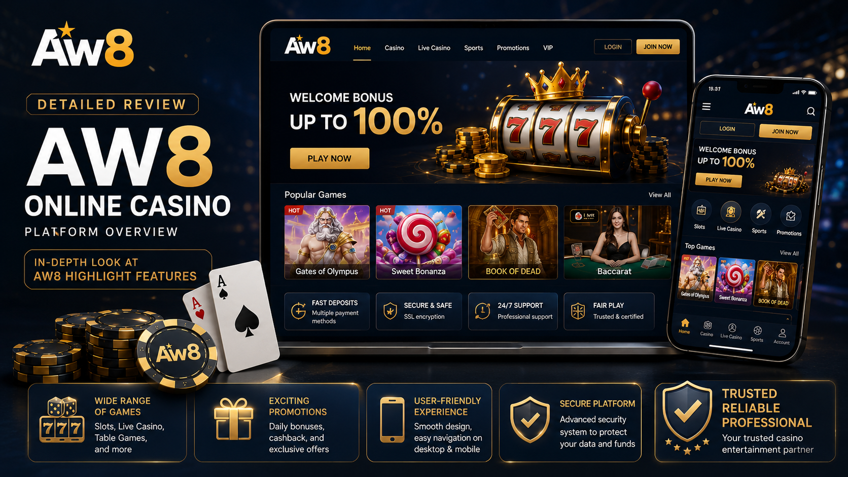 AW8 online casino platform review showing desktop and mobile interfaces, popular casino games, promotions, fast deposits, user-friendly features, security, and 24/7 support