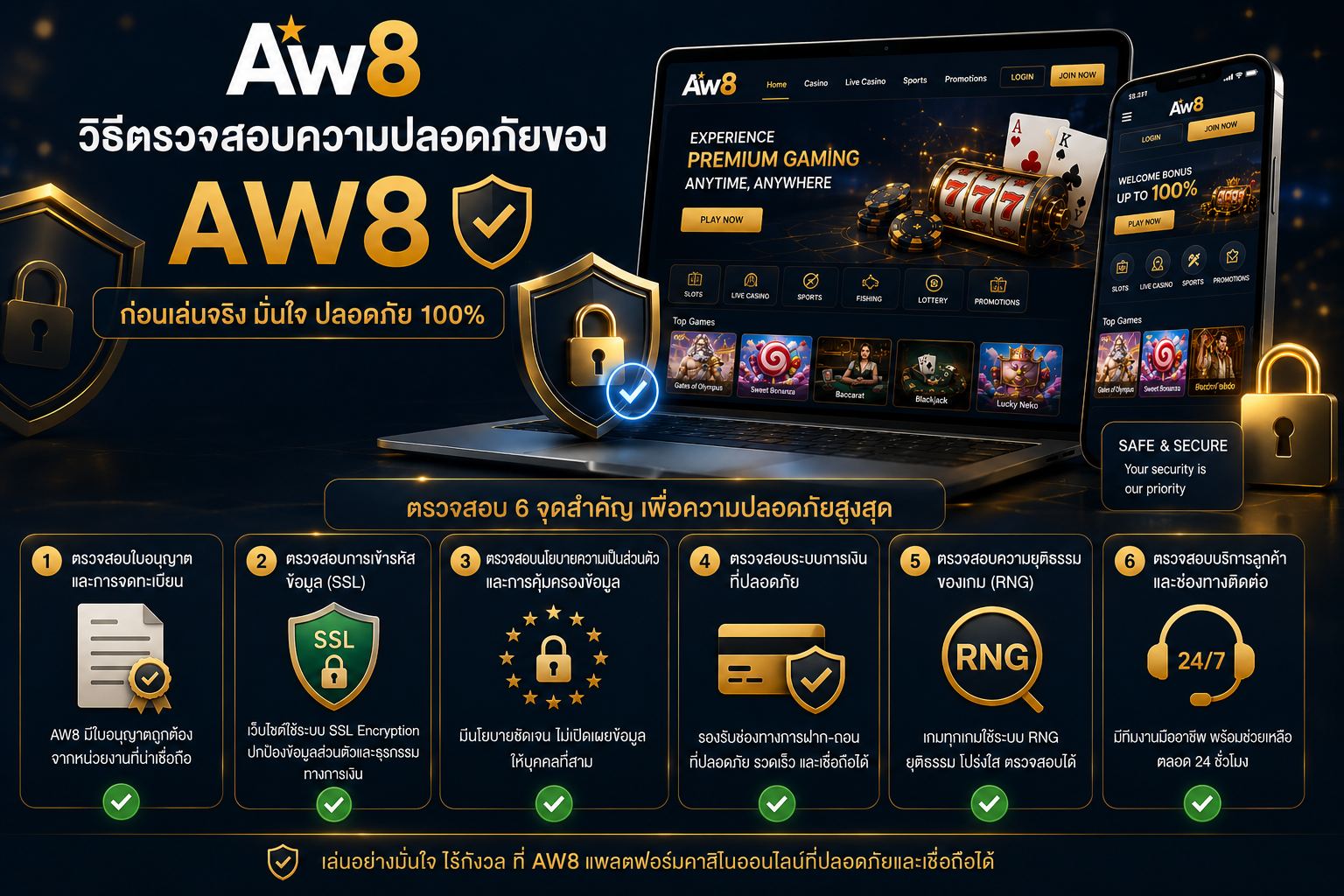AW8 online casino security guide showing license verification, SSL encryption, privacy protection, secure payments, RNG fairness, and 24/7 customer support checks