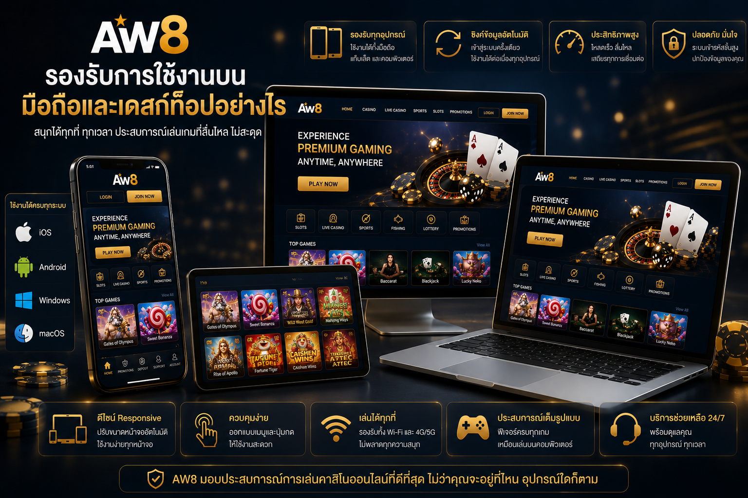 AW8 online casino รองรับการใช้งานบนมือถือ แท็บเล็ต และเดสก์ท็อป พร้อมดีไซน์ Responsive ระบบซิงค์ข้อมูล และการเล่นเกมผ่าน iOS, Android, Windows และ macOS